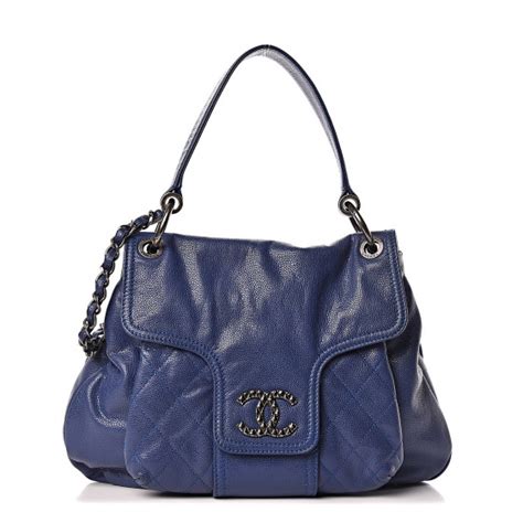 CHANEL Glazed Caviar Flap Hobo Dark Blue 